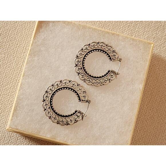 Boho Filigree Crescent Hoop Earrings - Antique Silver Tone - Picture 1 of 2